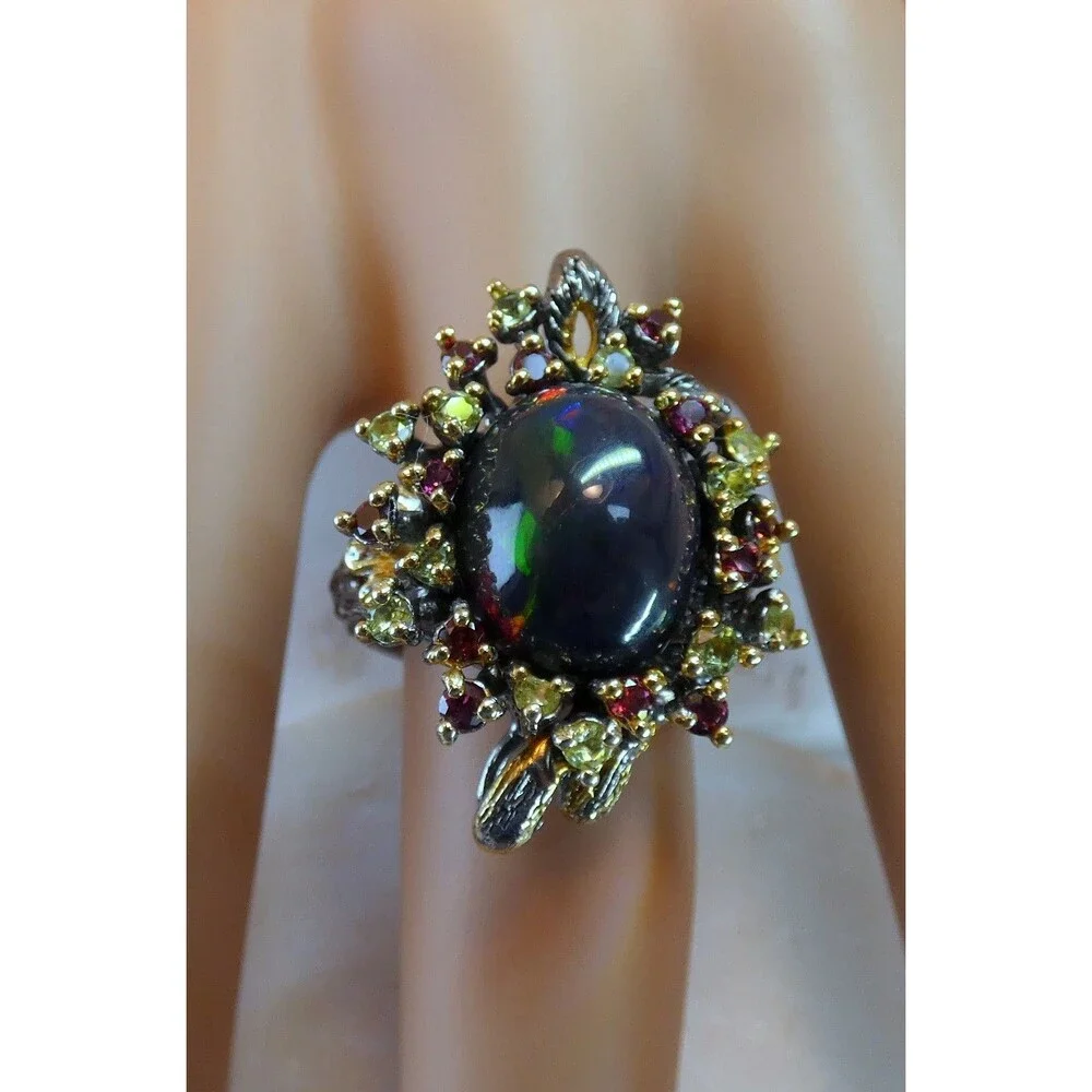 Natural Large 6 CT Black Opal-Rubies-Emeralds Sterling Silver Ring Size 7.75